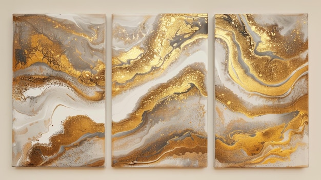 Triptyk złotej i szarej marmurowej tekstury sztuki ściennej