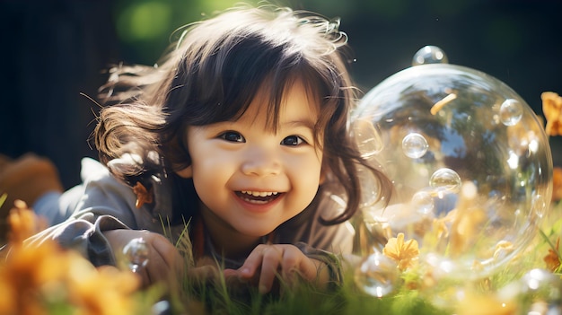 Trochę uśmiechnięta azjatycka córka bawi się bąbelkami na polu kwiatów w ogrodzie