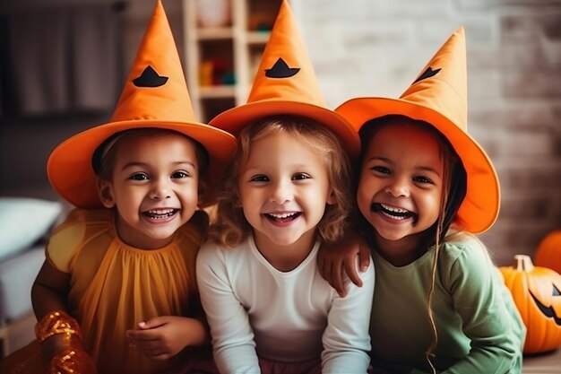 Troje dzieci w pomarańczowych kapeluszach i uśmiechających się do kamery Radosne uśmiechy dzieci w przeddzień wakacji Świąteczny kostium Latarnia z Jackiem