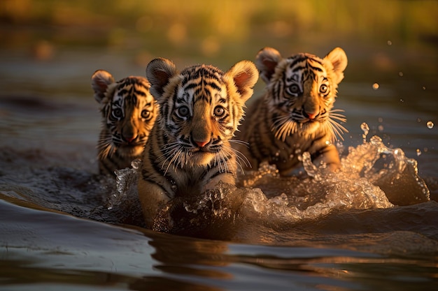 Troje tygrysich dzieci bawiących się nad brzegiem rzeki