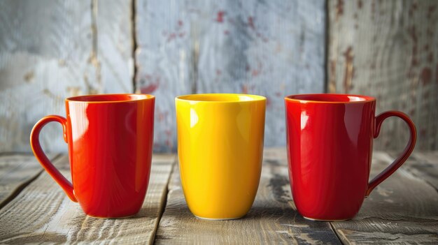 Trójka ceramicznych kubków w wesołych żółtych, ognistych czerwonych i żywych pomarańczowych odcieniach ozdabia stół