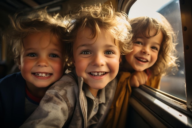 trójka małych dzieci siedzi w pociągu i wygląda przez okno