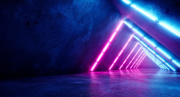 Trójkątny ciemny tunel z oświetleniem niebieskim i czerwonym światłem Ciemny długi korytarz promienie światła neonowego Abstrakcja nocny widok Ilustracja 3D