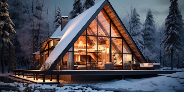 Trójkątny dom w zimowym lesie Dom szkieletowy wykonany z kamienia i drewna Generacyjna AI