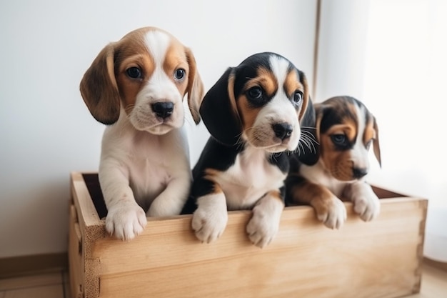 Trójkolorowe szczenięta Beagle pozują w drewnianym pudełku urocze psy lub zwierzęta domowe bawiące się na białej ścianie wyglądają na uważnych i zabawnych pojęcie ruchu ruchu działania negatywnej przestrzeni