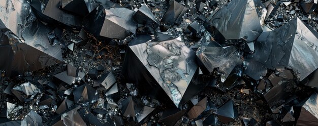 Trójwymiarowa abstrakcyjna panorama czarnych formacji kryształowych prezentująca fasetowaną teksturę, która przypomina szeroki widok makroskopowy tajemniczego ciemnego krajobrazu kamieni szlachetnych