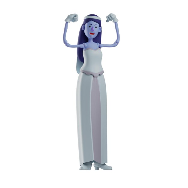 Trójwymiarowa ilustracja 3D Cartoon Happy Face Skull Princess ilustracja pokazująca jej silne ręce noszące