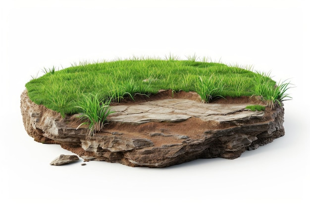Trójwymiarowa ilustracja gleby z trawą i skałami