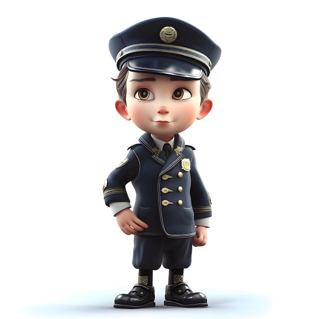 Trójwymiarowa ilustracja małego policjanta z kapeluszem i mundurem