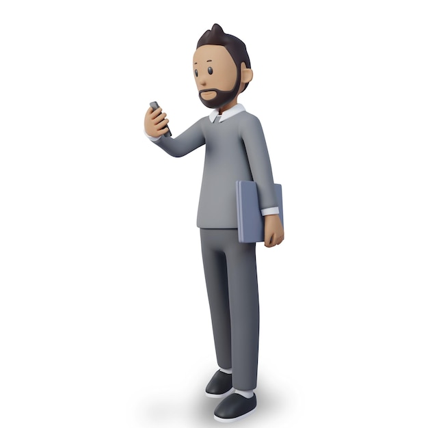 Trójwymiarowa ilustracja przedstawiająca biznesmena stojącego i trzymającego laptopa, patrzącego na coś przez telefon