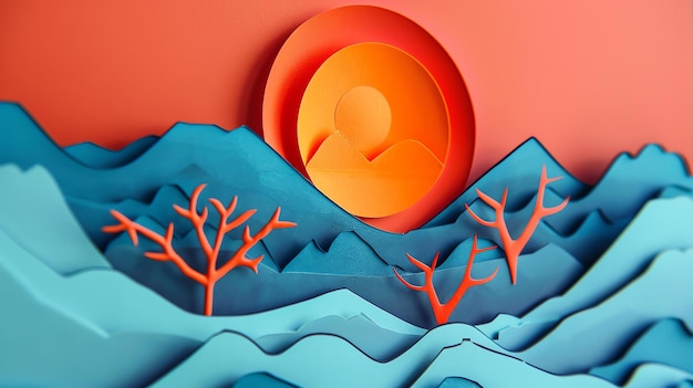 Trójwymiarowa ilustracja rafy koralowej z zachodem słońca w tle Rafa składa się z niebieskich i pomarańczowych wycięć z papieru