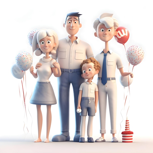 Trójwymiarowa ilustracja szczęśliwej rodziny z ciastem i balonami