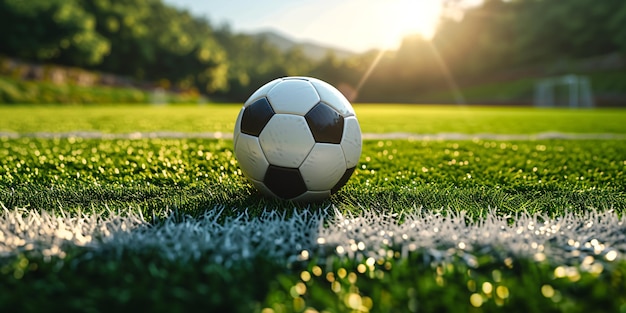 Trójwymiarowa ilustracja teksturowanego boiska piłkarskiego z piłką w środkowym środku boiska