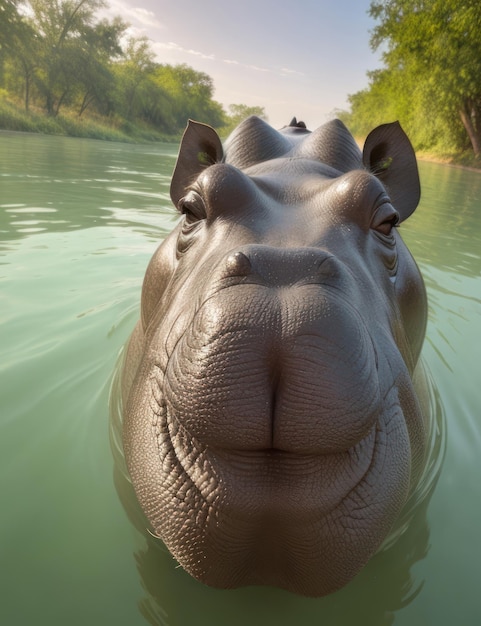 Trójwymiarowa Postać Z Kreskówki Hipopotamus Stojąca W Wodzie