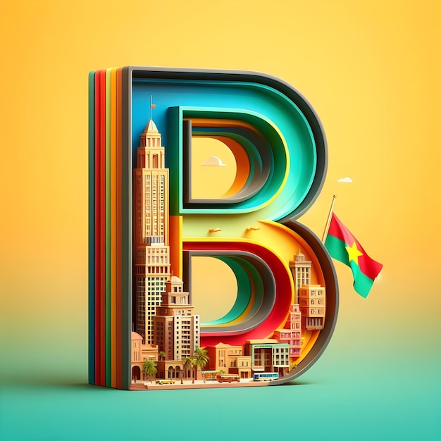 Trójwymiarowa reprezentacja litery B na kolorowym tle stolicy i flagi Burkina Faso