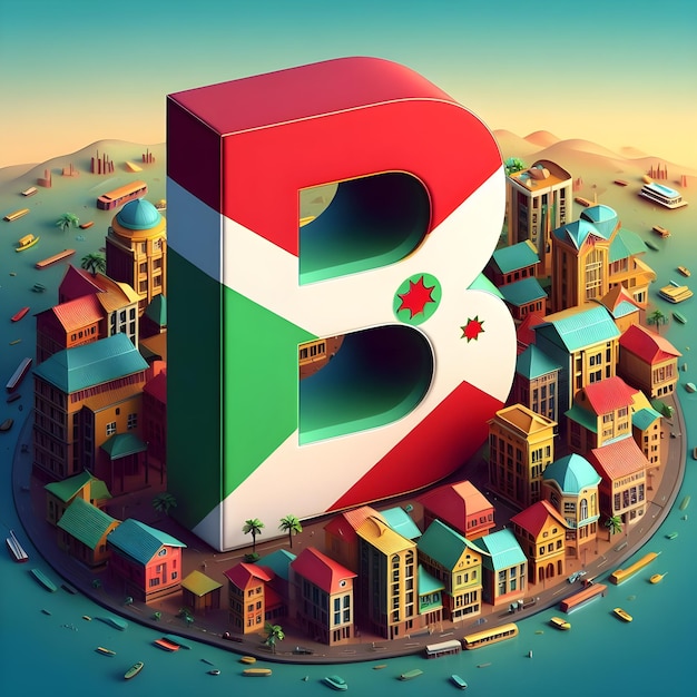 Trójwymiarowa reprezentacja litery B na kolorowym tle stolicy i flagi Burundi
