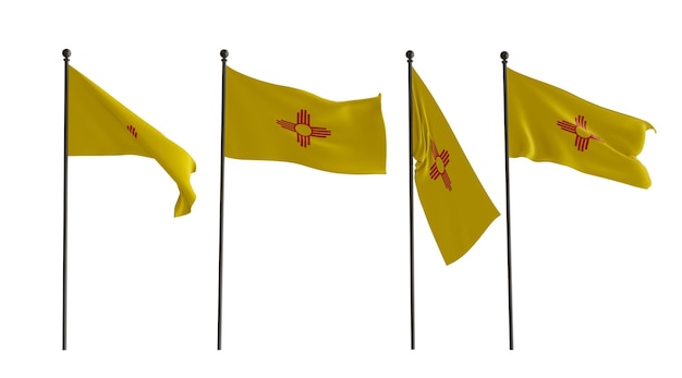 Trójwymiarowe flagi Nowego Meksyku z czterech typów Flaga Nowego Meksyka z białym tłem 3D ilustrator