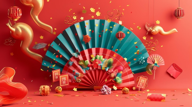 Trójwymiarowe plakaty CNY z papierowym wentylatorem, złotymi konfetami i czerwonymi kopertami Tekst Fortune Auspicious New Year
