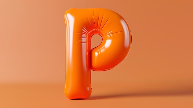 Trójwymiarowe przedstawienie pomarańczowego balonu w kształcie litery P. Balon znajduje się na stałym pomarańczym tle