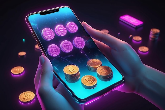 Zdjęcie trójwymiarowe ręce trzymające telefon komórkowy z monetami na ekranie neonowe światła futurystyczna koncepcja gry, aby zarobić