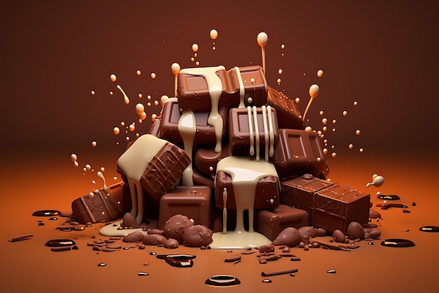Trójwymiarowe rozpryski roztopionej czekolady i mleka z spadającymi kawałkami batonów czekoladowych