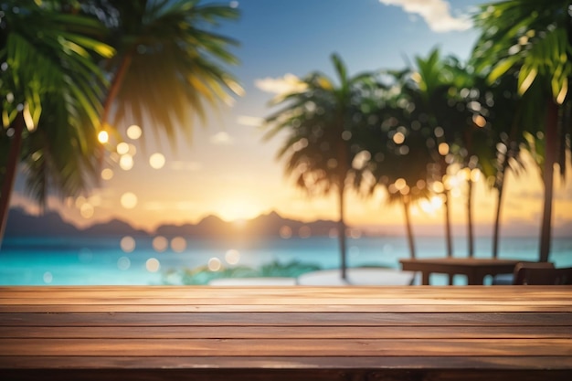 Trójwymiarowy drewniany stół z widokiem na tropikalny krajobraz z światłami bokeh