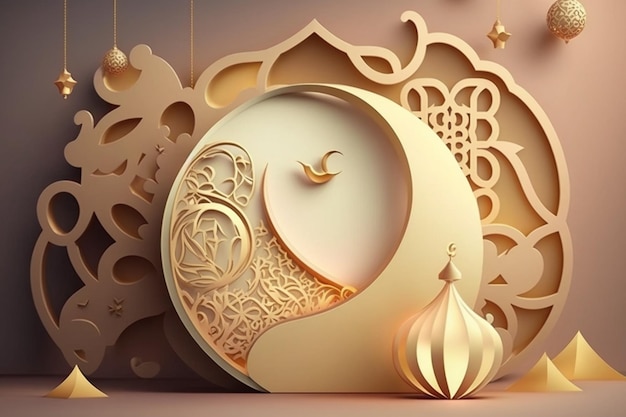Trójwymiarowy nowoczesny islamski baner świąteczny zawiera wiadomość Eid Mubarak w kolorze nieba i ramadan kareem