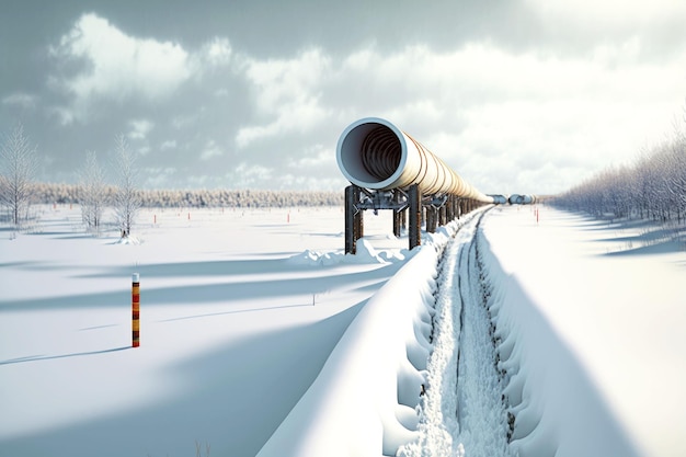 Zdjęcie trójwymiarowy obraz gazociągu przechodzącego przez zaśnieżone pole