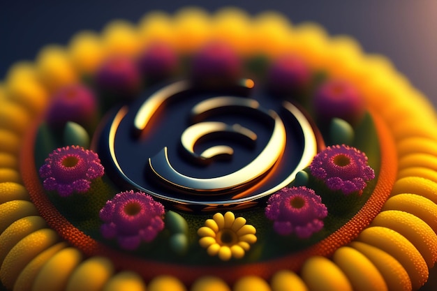 Zdjęcie trójwymiarowy obraz kwiatu z czarnym środkiem i srebrnym pierścieniem pośrodku.