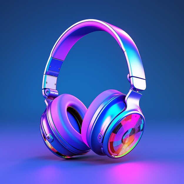 Trójwymiarowy obraz słuchawek w kolorach neonowych izolowany na niebieskim tle