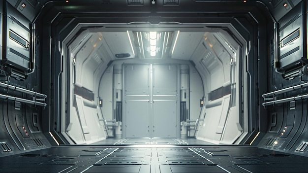 Trójwymiarowy obraz statku kosmicznego ze światłem na suficie Otwórz drzwi okrętu kosmicznego białym bri