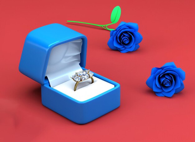Trójwymiarowy pierścionek diamentowy w pudełku z różami i tłem