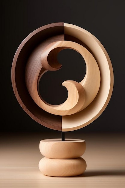 Zdjęcie trójwymiarowy przedstawienie symbolu yin i yang wykonane z drewna i betonu
