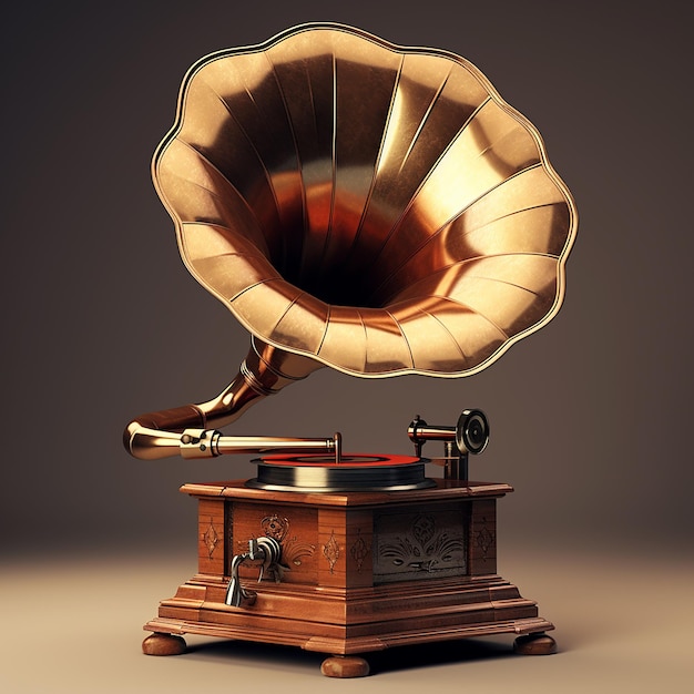 Trójwymiarowy staroświecki gramofon z metalem i drewnem
