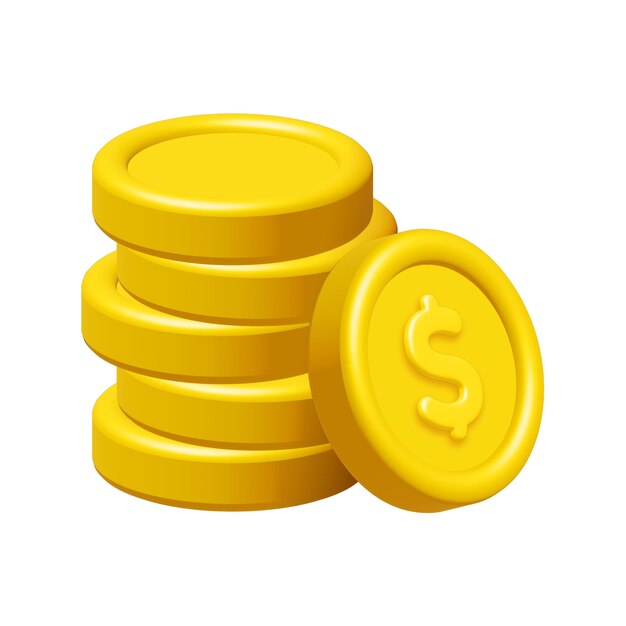 Trójwymiarowy stos złotych monet z ikoną znaku dolara izolowaną na białym tle.