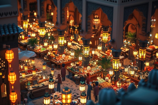Trójwymiarowy układ tradycyjnego bazaru podczas Ramadanu