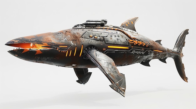Trójwymiarowy widok boczny biologicznego rekina cyborga płynnie zaprojektowany