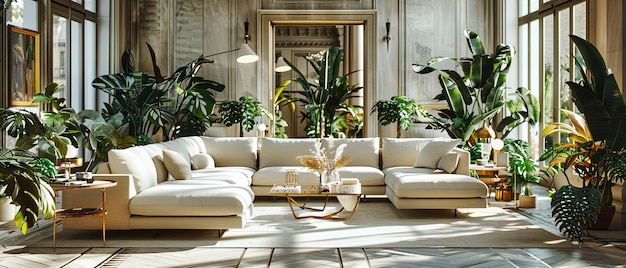 Tropical Modern Living Rozległy pokój ozdobiony stylowymi meblami i bujną zielenią, obejmujący elegancję inspirowaną naturą