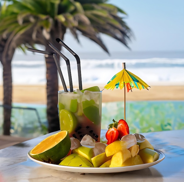 Tropical Morning Vibes Mojito Glass ze słomianym parasolem i lodem o specjalnym kształcie na Island Beach