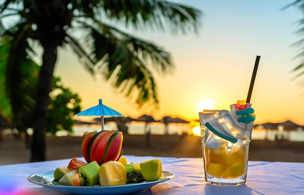 Tropical Morning Vibes Mojito Glass ze słomianym parasolem i lodem o specjalnym kształcie na Island Beach