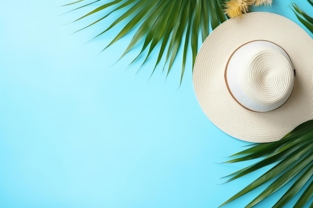 Tropical Oasis Vibrant Summer Composition z kapeluszem z liśćmi palm i kokosem na pastelowo niebieskim tle