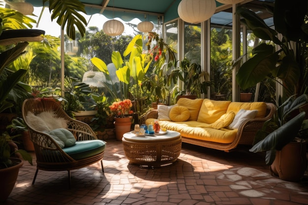 Zdjęcie tropical oasis żywe i powietrzne patio z bujną zielenią, meblami z wicku i kolorowymi tkaninami ge
