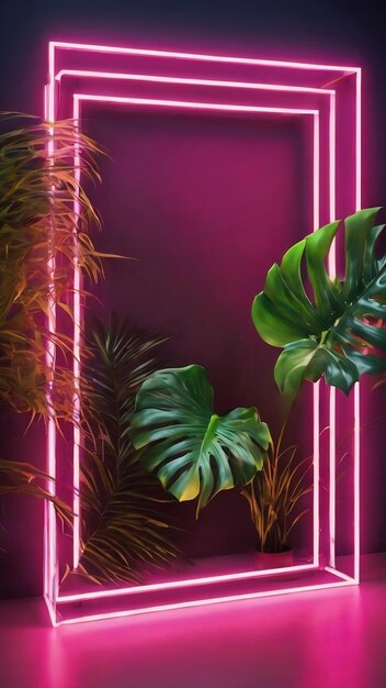 Zdjęcie tropical palm monstera liście i neon świetliste ramki obraz tonowany w modnym kolorze bardzo peri