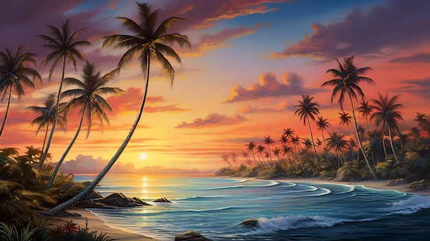 Tropical Serenity Sunset Palm Trees Malowanie na plaży