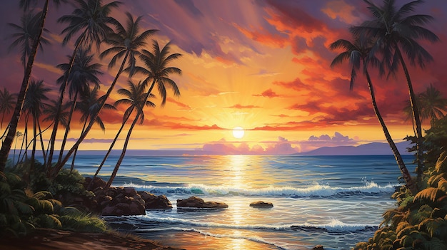 Tropical Serenity Sunset Palm Trees Malowanie na plaży