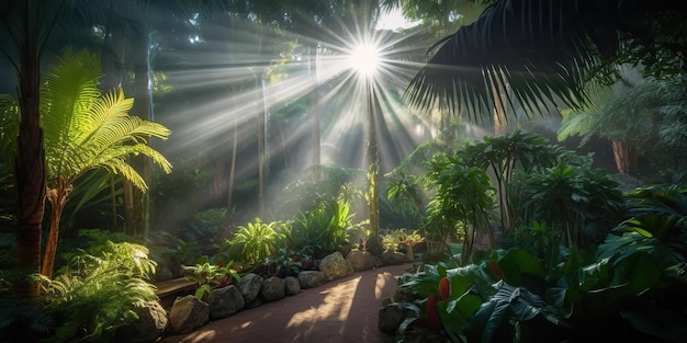 Tropikalna dżungla deszczowa głęboki las z błyszczącym światłem promieniowania przyrody przygodowy vibe na świeżym powietrzu