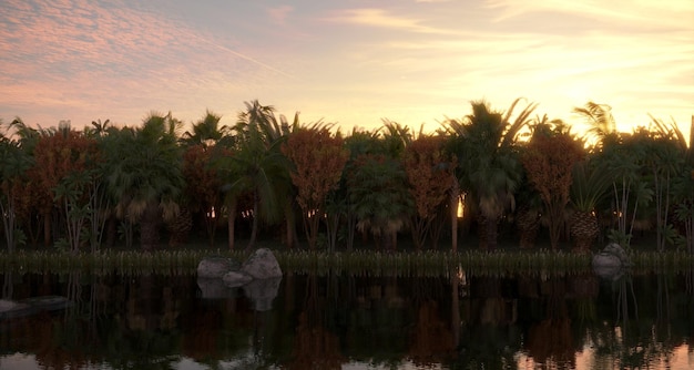tropikalna dżungla na brzegu rzeki Renderowanie cg ilustracji 3D