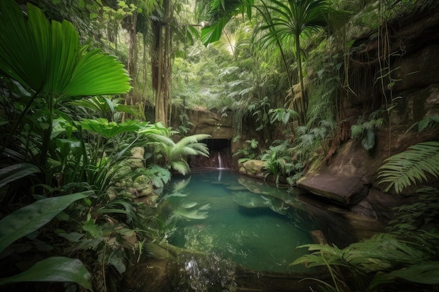 Tropikalna dżungla z widokiem na kaskadowy wodospad i spokojny basen stworzona za pomocą generatywnej sztucznej inteligencji