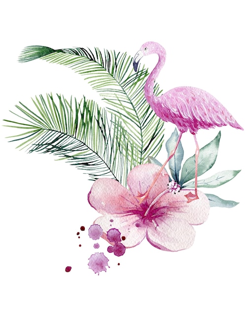 Tropikalna ilustracja akwarela z liśćmi flaminga i kwiatem