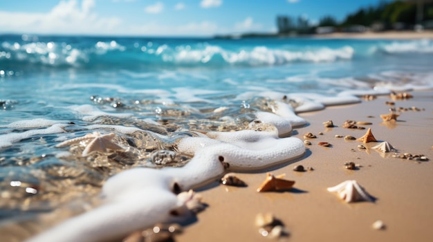 Tropikalna letnia piaszczysta plaża i światło słoneczne bokeh na tle morza Generative AI